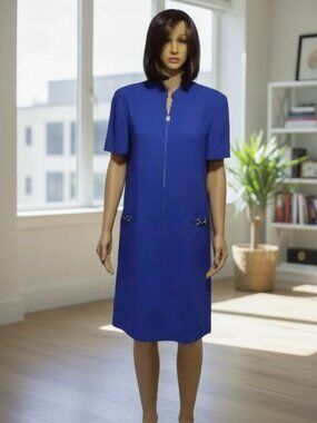 Liz Claiborne Dress Blue Crepe Short Sleeve Shift Size 8 NWT Deadstock